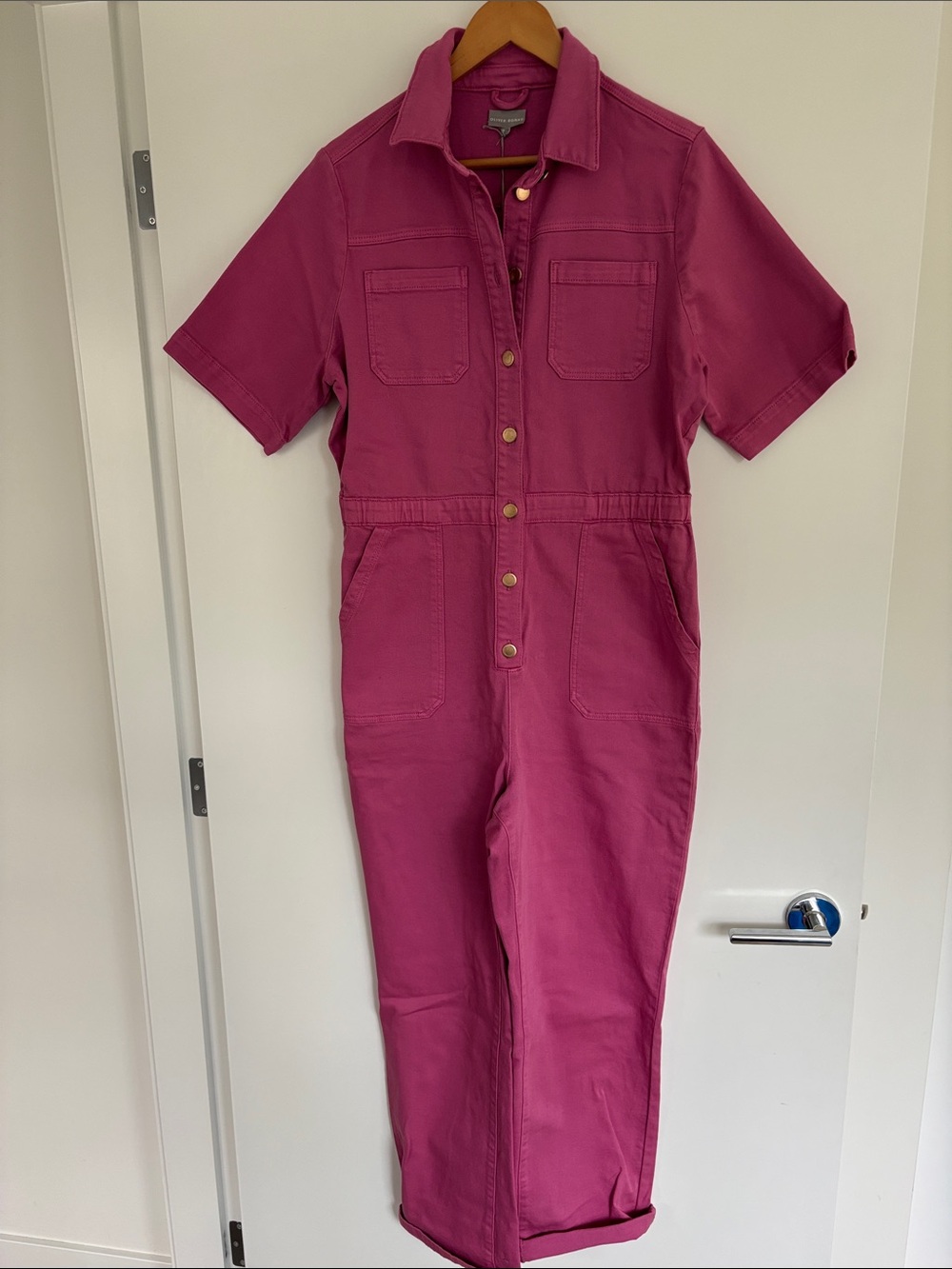 Oliver Bonas Bright Magenta Denim Button-Front Utility Jumpsuit Brand New